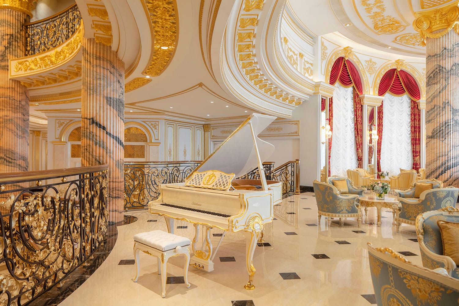 Custom-made Blüthner Louis XIV piano takes pride of place in the lobby lounge / Raffles The Palm.
